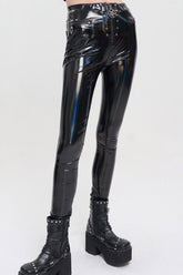 Black Punk Color-Changing Mirror Leather Front Center Pentagram Zipper Heart Zipper On Both Sides Women's Pants